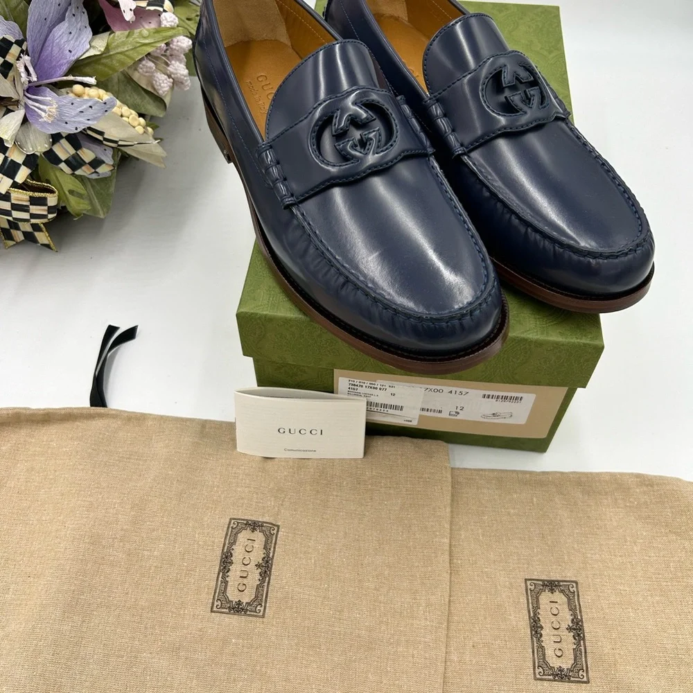 Men’s Gucci interlocking GG leather loafers size 12 made in Italy cobbler soles - Picture 2 of 11